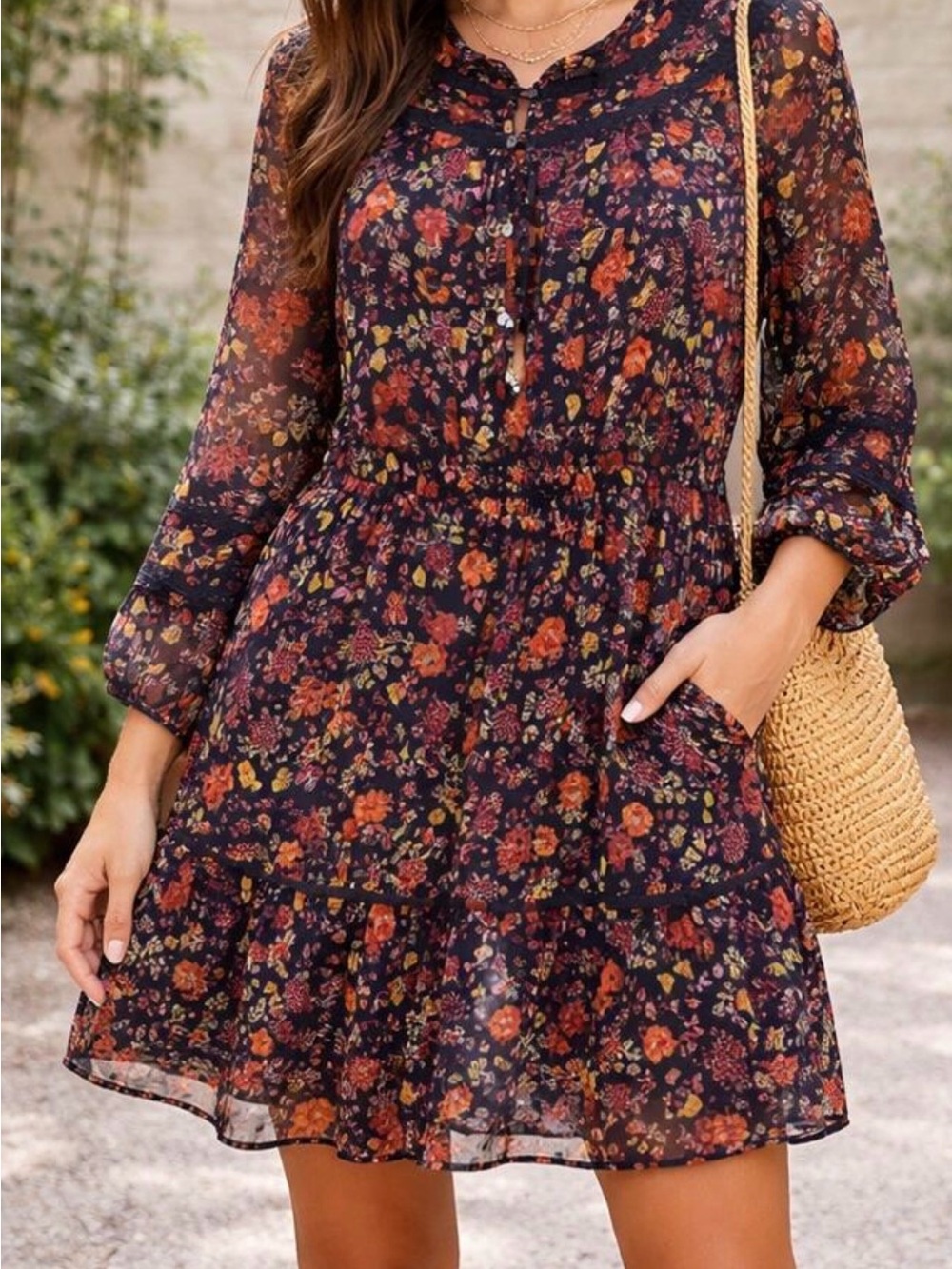 Floral Long-Sleeve Ruffle Hem Dress - black floral